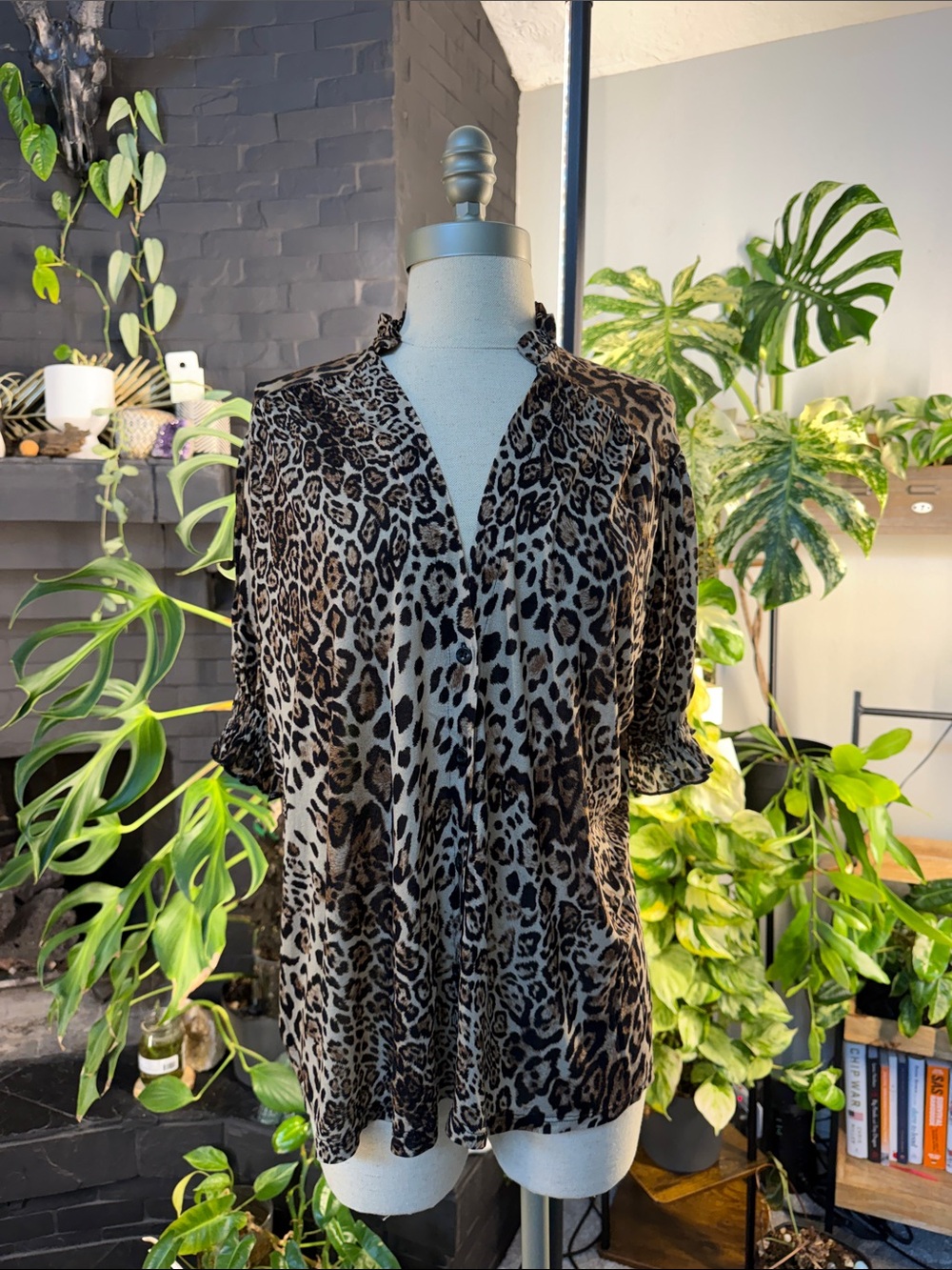 SAS Leopard-Print V-Neck Blouse - Taupe, Black & Brown